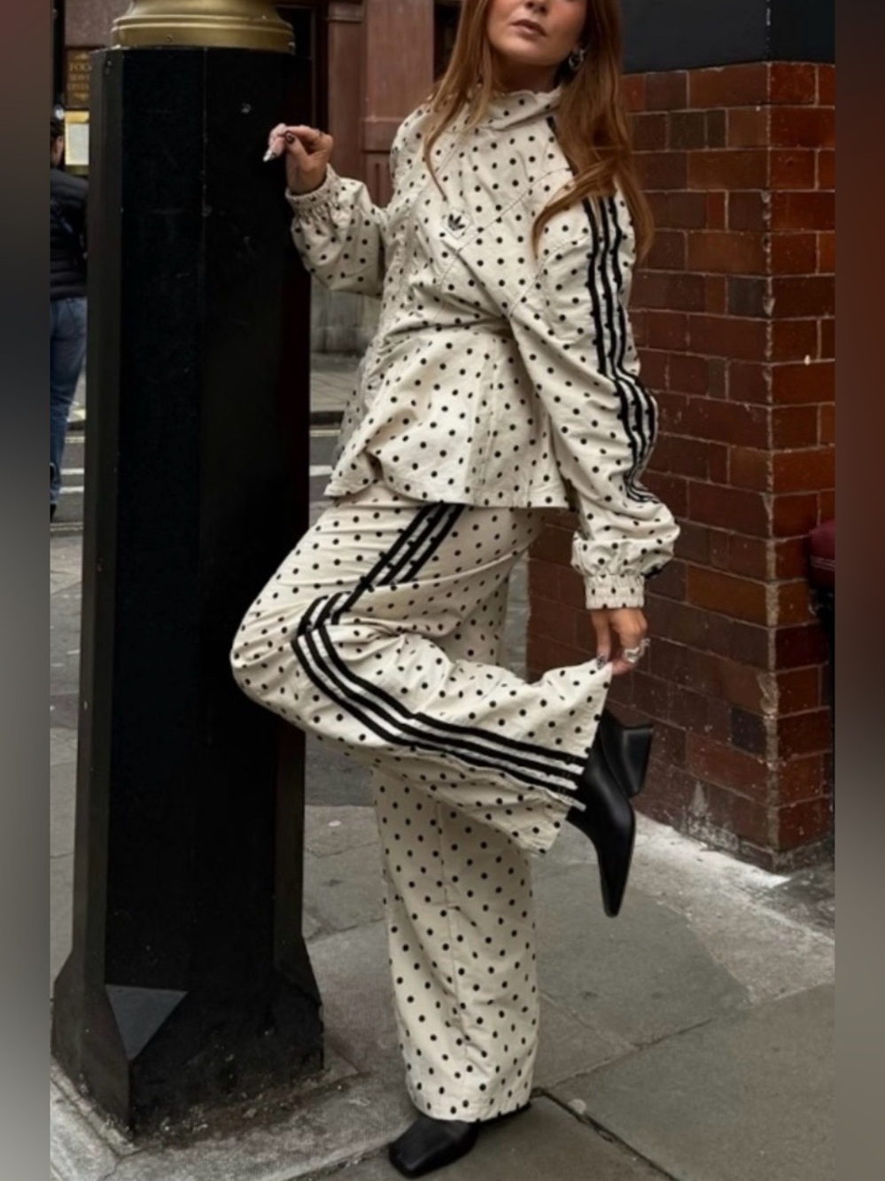 NWT adidas Original X ASOS Black Polka Dot Track Pants in Stone w/ Triple Stripe